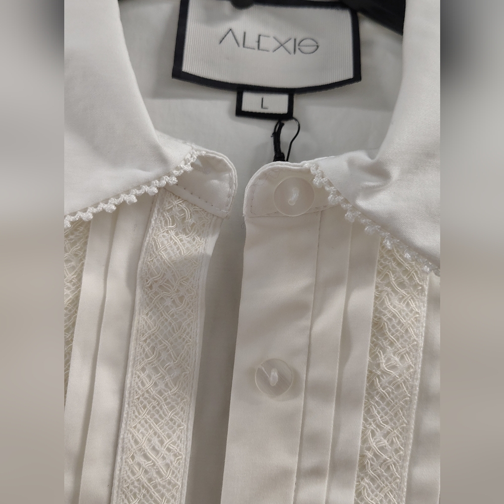$360 NWT ALEXIS White Haskell Pleated Lace Classic Button Up Top Sz L - Picture 7 of 9
